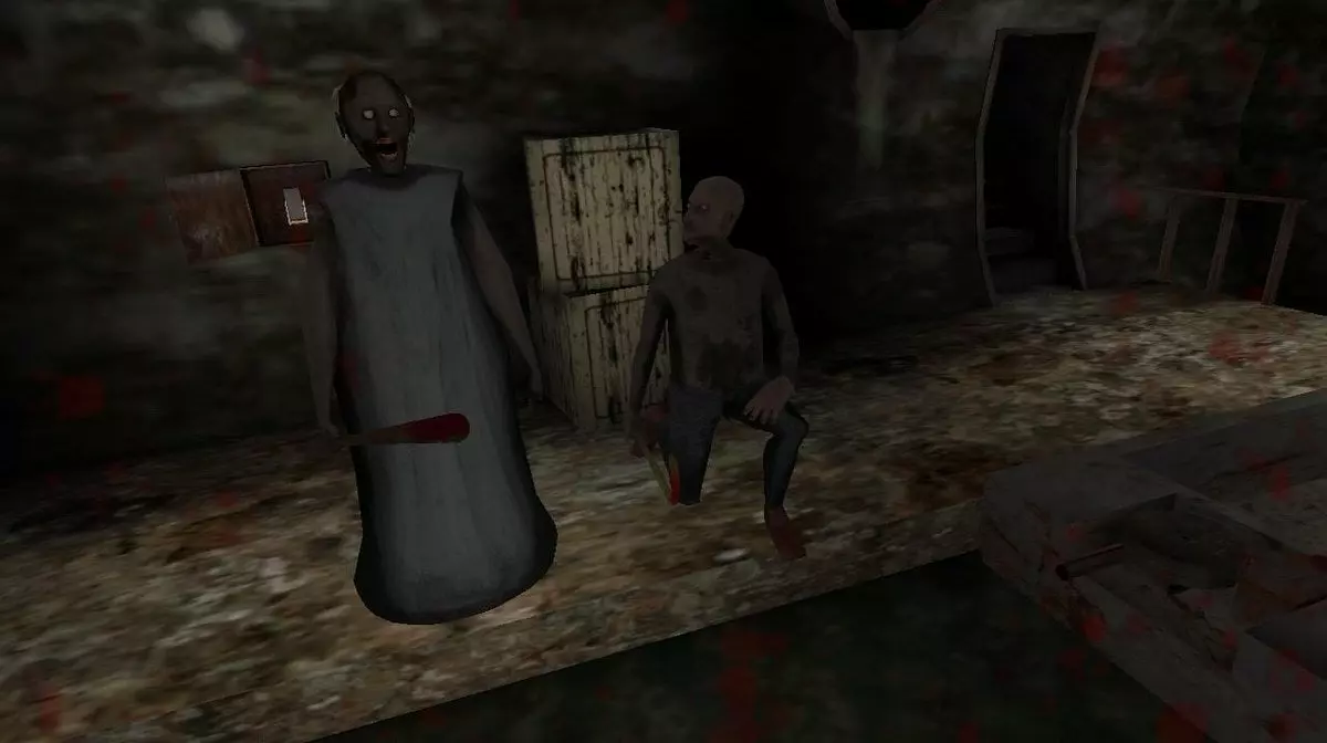 Ảnh 2 của Granny Chapter Two Mod APK (Menu, Đi/Nhìn Xuyên Tường) v1.2.4 Ảnh trong game Granny Chapter Two Mod với nhân vật chính đang trốn Granny