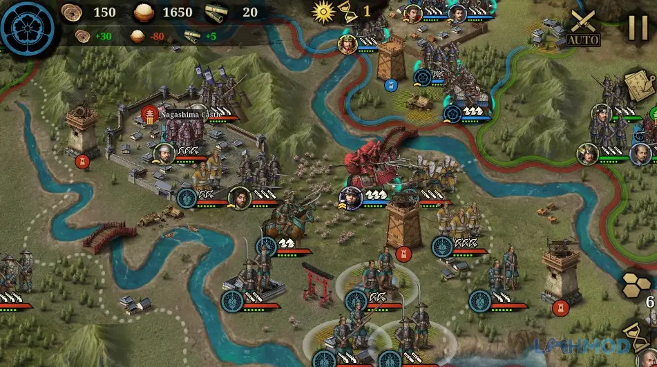 Ảnh 1 của Tải Great Conqueror 2 Shogun Mod Apk 1.0.8 (Vô Hạn Tiền) cho Android Cảnh chiến trường khốc liệt trong game Great Conqueror 2: Shogun với nhiều đơn vị quân