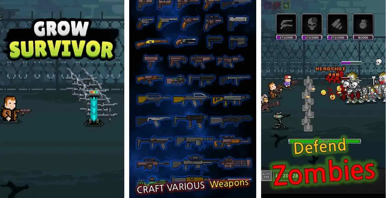 Ảnh 2 của Tải game Grow Survivor Mod APK 6.4.6 (Nhiều kinh nghiệm, onehit) Nhân vật tiêu diệt zombie trong Grow Survivor