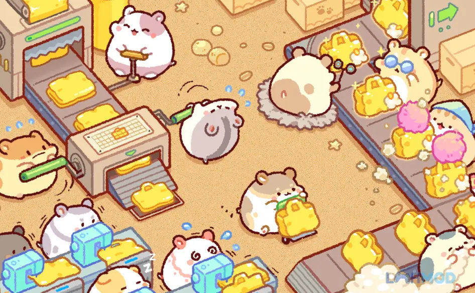 Ảnh 2 của Tải Hamster Bag Factory Tycoon Mod Apk 1.1.6 (Vô Hạn Tiền) cho Android iOs Dây chuyền sản xuất túi xách nhộn nhịp với các chú hamster làm việc
