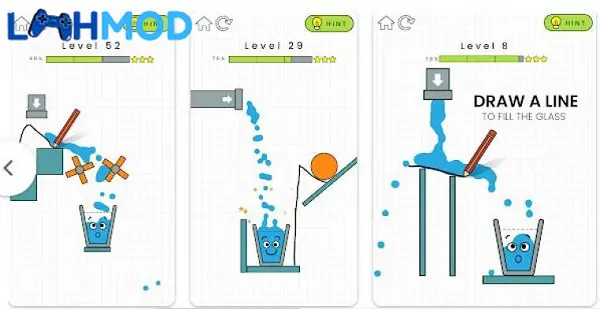 Ảnh 1 của Happy Glass MOD APK 1.0.68 (Vô hạn tiền) Android iOS Bối cảnh một màn chơi Happy Glass với ly nước và các vật cản