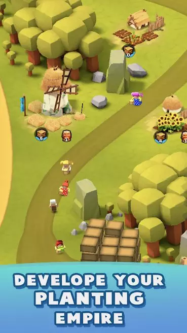 Ảnh 1 của Tải game Harvest Island Mod APK 1.0.8 (Mua Sắm Miễn Phí) Alt text mô tả một ngôi làng trên đảo Harvest Island với các công trình và khu vực nông nghiệp