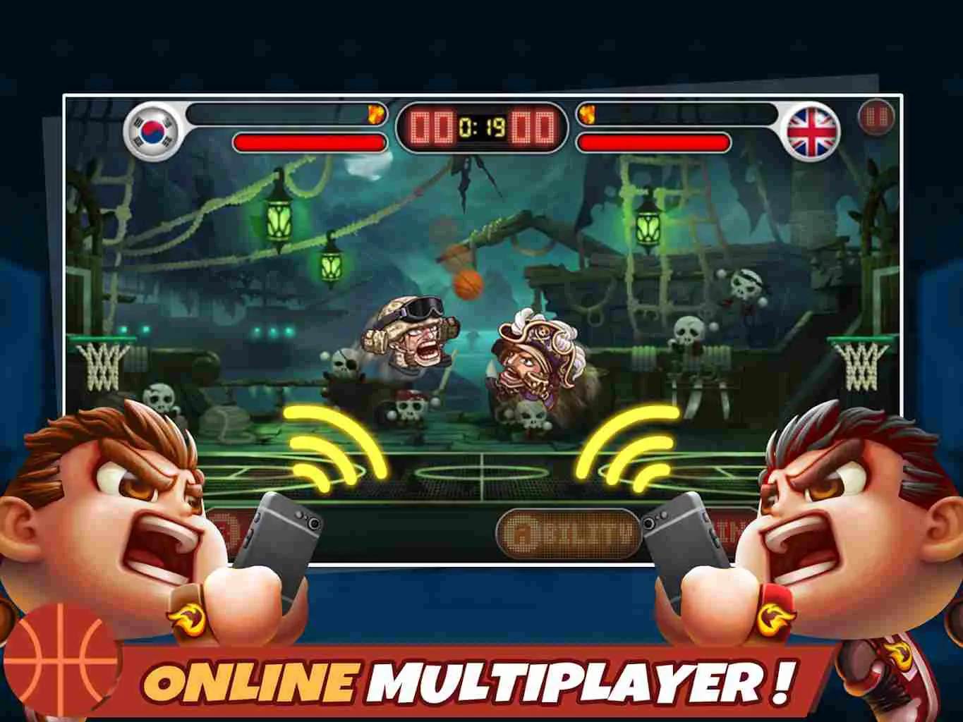 Ảnh 2 của Tải game Head Basketball Mod APK 3.3.5 (Menu, Vô Hạn Tiền) Alt text mô tả hai nhân vật "đầu to" đang tranh giành bóng rổ trên không