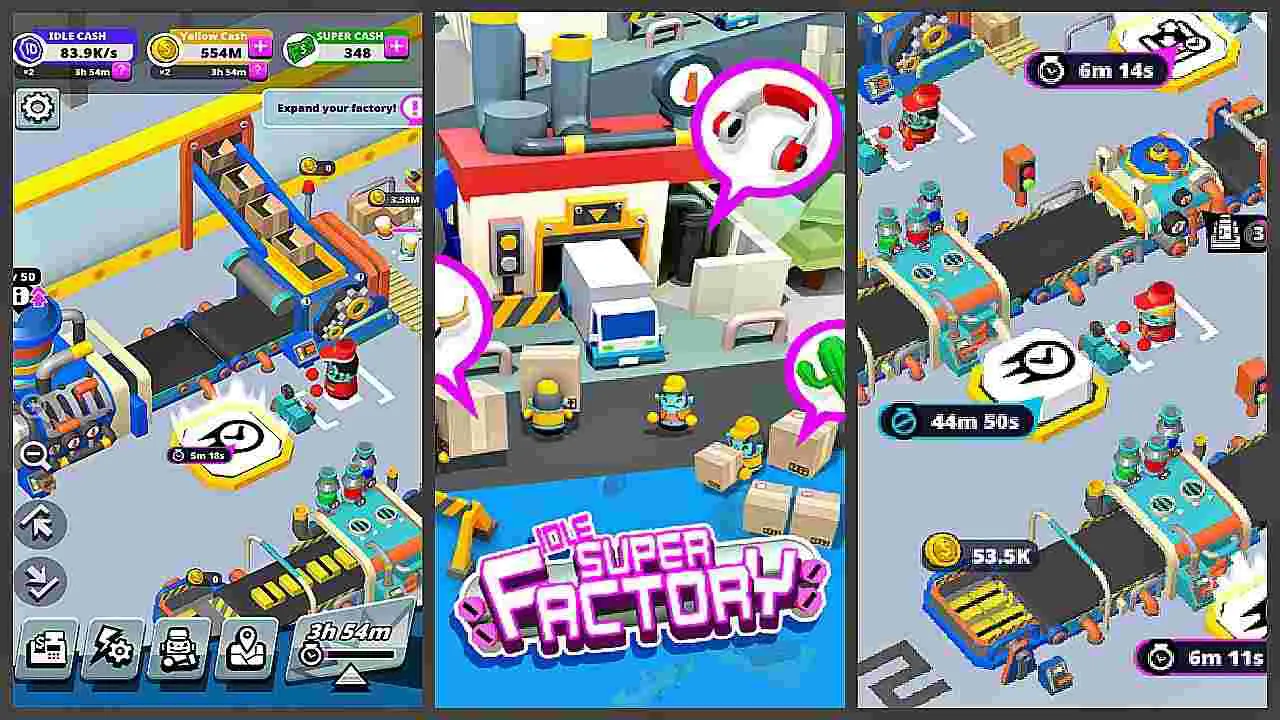 Ảnh 3 của Tải Idle Super Factory Mod APK 1.1.1 (Vô Hạn Tiền) Tổng quan nhà máy và dây chuyền sản xuất trong Idle Super Factory