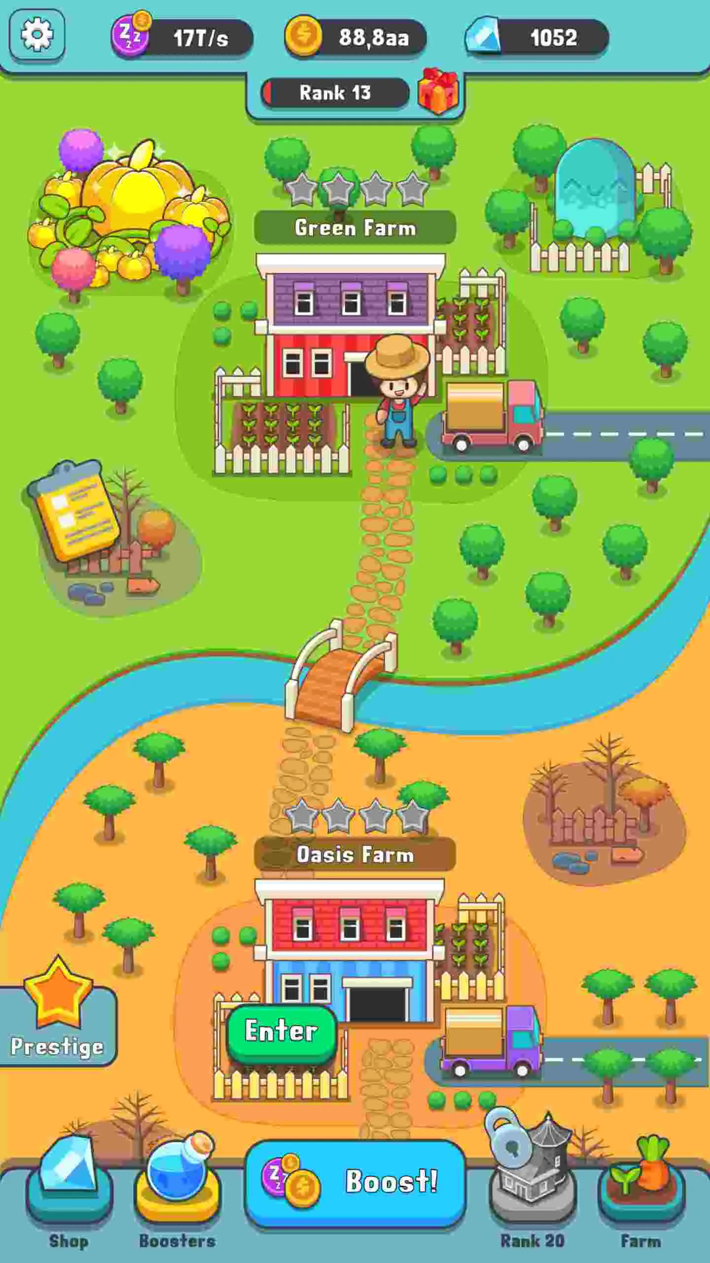 Ảnh 4 của Tải game Juice Farm Mod APK 2.3.0 (Vô hạn phần thưởng Booster) Màn hình tổng quan trang trại Juice Farm với các hoạt động đang diễn ra