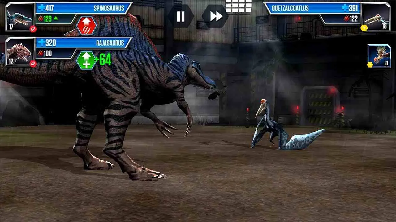 Ảnh 3 của Jurassic World The Game Mod APK v1.86.11 (Mua Sắm, Vô Hạn Tiền) Giao diện gameplay Jurassic World The Game Mod với khủng long và công viên
