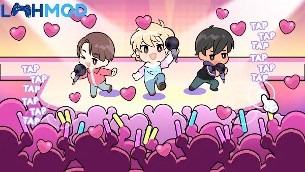 Ảnh 3 của Tải K-Pop Academy APK 0.5 cho Android iOS Alt text mô tả các thực tập sinh K-Pop đang luyện tập vũ đạo trong phòng tập