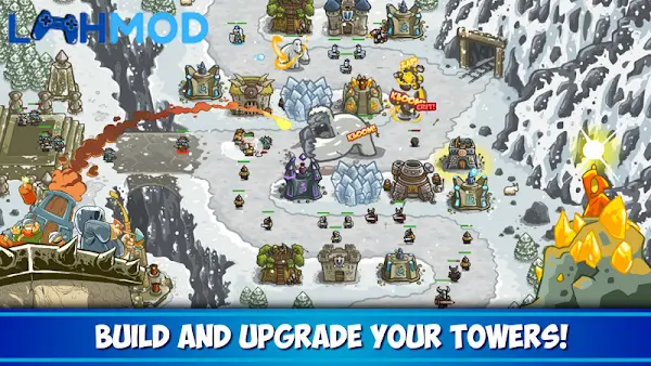 Ảnh 2 của Kingdom Rush MOD APK 5.6.14 (Vô hạn tiền) cho Android Cảnh chiến đấu trong Kingdom Rush, hiển thị các loại tháp và kẻ thù