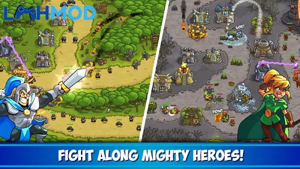 Ảnh 3 của Kingdom Rush MOD APK 5.6.14 (Vô hạn tiền) cho Android Quân lính và tháp phòng thủ đang giao chiến với quái vật
