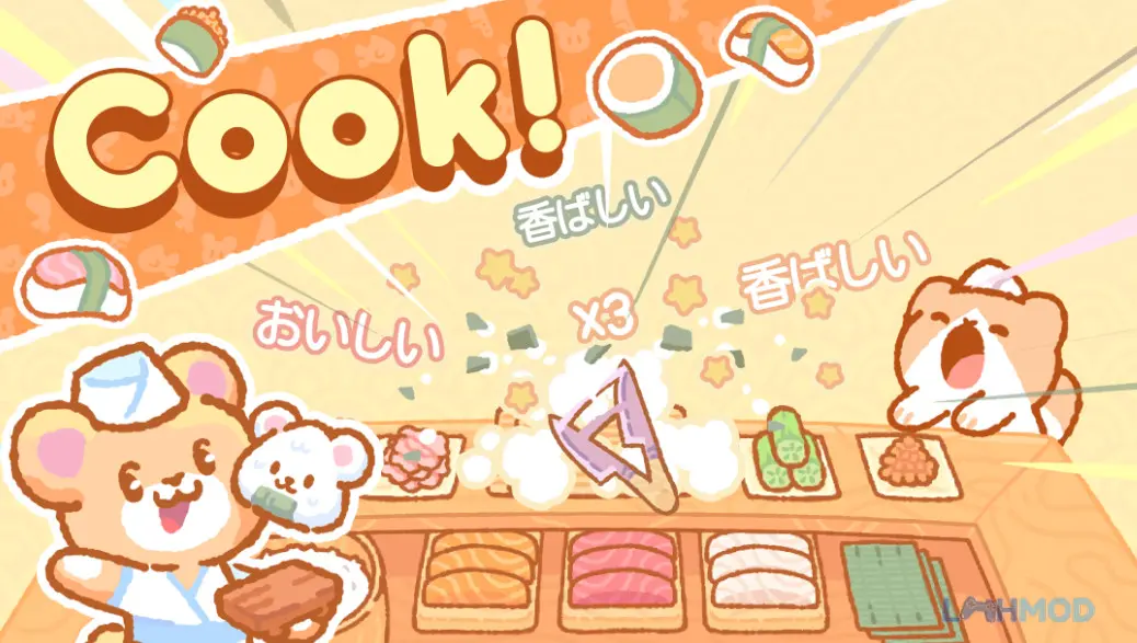 Ảnh 3 của Tải Kuma Sushi Bar Mod Apk 1.4.10 (Vô hạn tiền) cho Android iOs Nhân vật gấu đang chế biến sushi trong Kuma Sushi Bar Mod