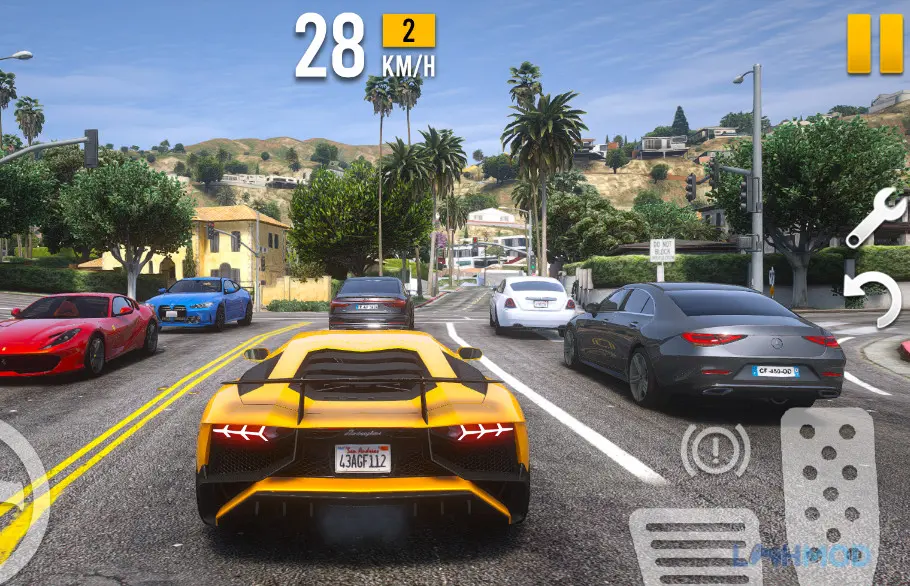 Ảnh 2 của Tải Lambo Driving Simulator Apk 3.0 cho Android iOs Hình ảnh chiếc Lamborghini Aventador SVJ màu xanh dương đang lái trên đường phố trong thành phố