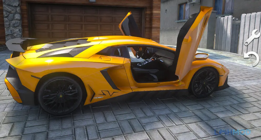 Ảnh 3 của Tải Lambo Driving Simulator Apk 3.0 cho Android iOs Hình ảnh chiếc Lamborghini Aventador SVJ màu vàng đang lái trên đường phố, phía sau là những tòa nhà chọc trời