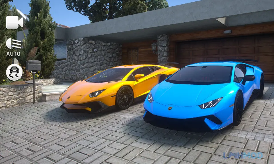 Ảnh 4 của Tải Lambo Driving Simulator Apk 3.0 cho Android iOs Hình ảnh chiếc Lamborghini Aventador SVJ đang đỗ bên đường, nhìn từ góc độ hơi thấp