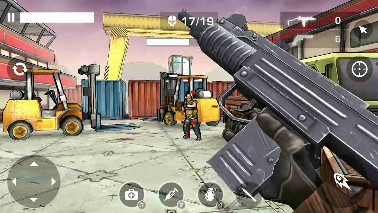 Ảnh 3 của Tải game Major GUN Mod APK 4.2.5 (Vô Hạn Tiền) Người chơi nhắm bắn kẻ địch trong một khu vực chiến đấu công nghiệp