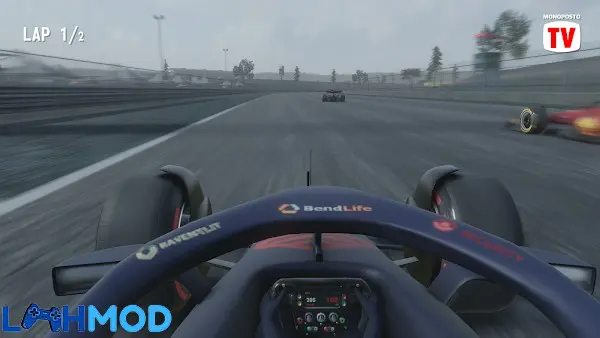 Ảnh 3 của Tải Monoposto APK 3.08 cho Android iOS Mô tả ảnh: Hai chiếc xe đua công thức 1, một màu xanh dương và một màu tím, đang ở vạch xuất phát trên đường đua