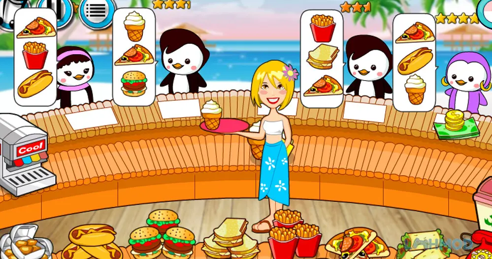 Ảnh 4 của Tải My Penguin Restaurant Apk 1.1.5 cho Android iOs Khu vực bếp với các món ăn và đầu bếp chim cánh cụt