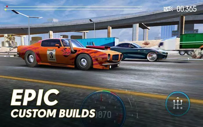 Ảnh 3 của Tải game Nitro Nation Experiment Mod APK 6.4.8 (Vô Hạn Tiền) Chiếc xe đua màu đỏ với nhiều tùy chỉnh decal đang đậu trên đường đua