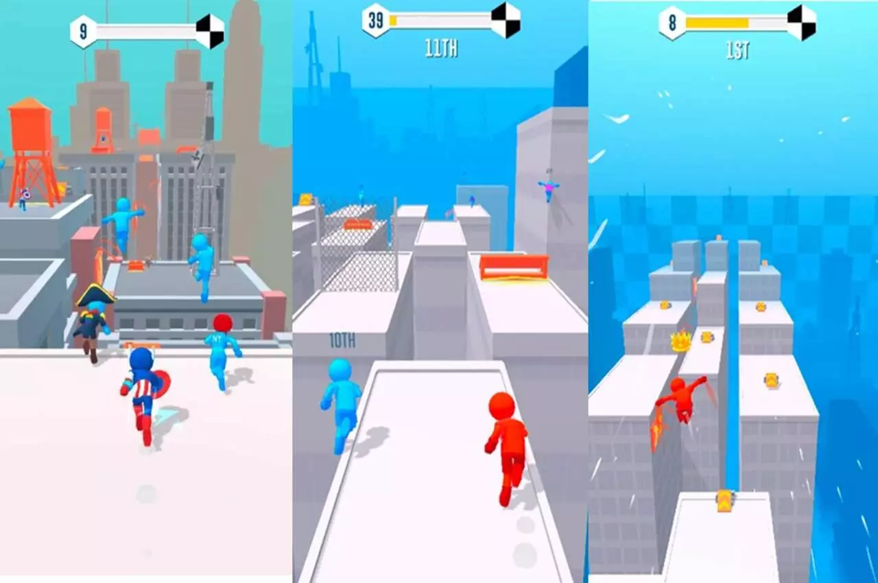 Ảnh 2 của Parkour Race Mod APK 1.9.6 (Vô Hạn Tiền, Mở Khoá Trang Phục) Người chơi Parkour Race Mod đang chạy trên mái nhà