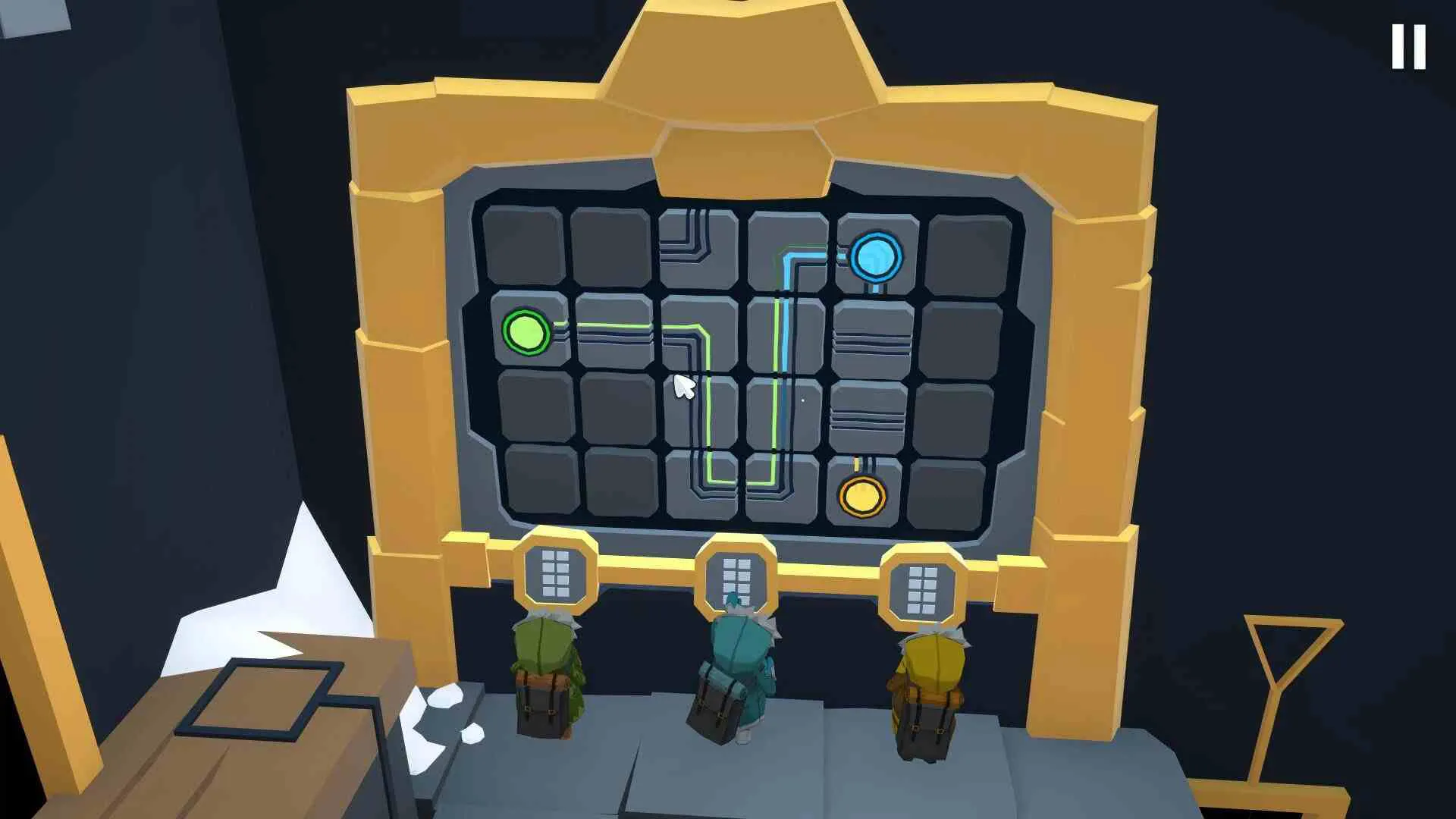 Ảnh 2 của Path of Giants Mod APK 2.2.2 (Menu, Tiền, Mở Khóa) Ba nhân vật đang cố gắng giải đố trên một vách núi băng giá