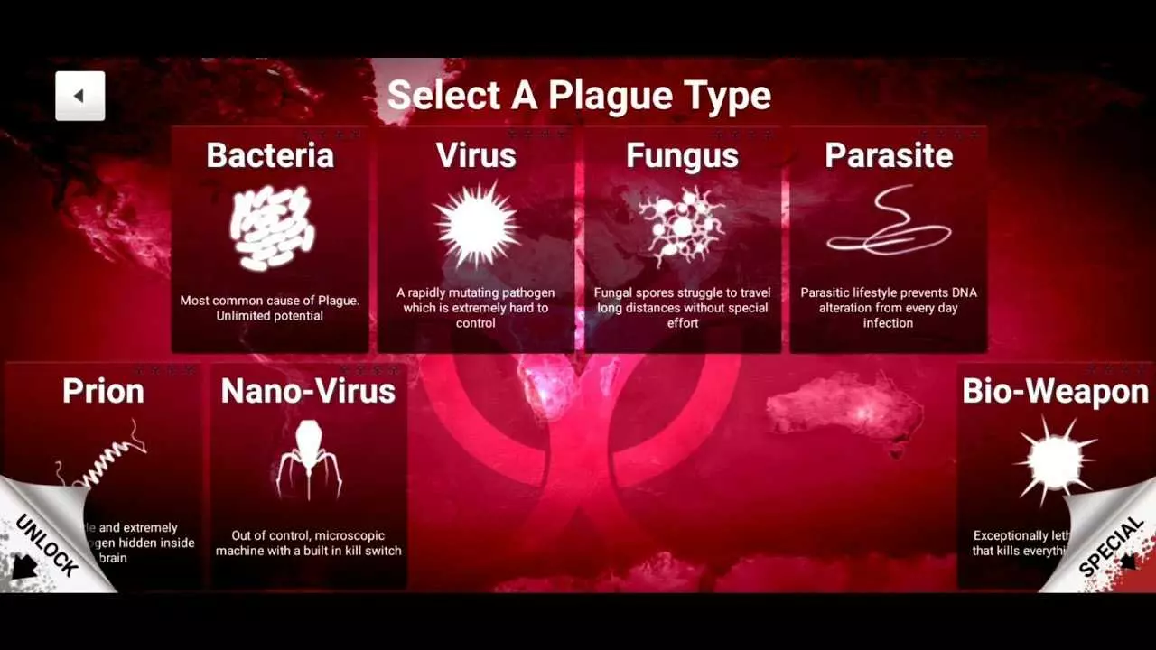 Ảnh 3 của Tải game Plague Inc Mod APK 1.34.0 (Menu, Vô Hạn DNA/Mở Khóa) Màn hình giao diện game Plague Inc. Mod