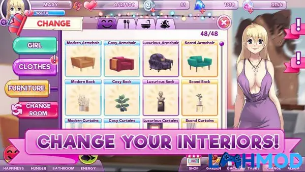 Ảnh 2 của Tải game Pocket Waifu MOD APK 1.69.1 (Mở khóa) cho Android iOS Mô tả cảnh giao diện người dùng Pocket Waifu, hiển thị nhân vật nữ và các tùy chọn tương tác