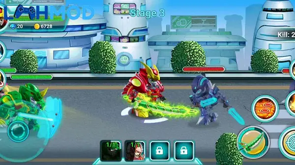 Ảnh 3 của Robot War: Superhero Fight APK v5.6 cho Android iOS Giao diện game Robot War: Superhero Fight với các nút điều khiển và robot chiến đấu