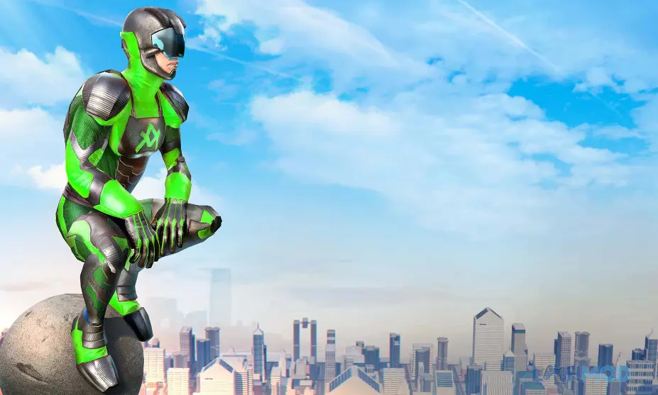 Ảnh 2 của Tải Rope Frog Ninja Hero Mod Apk 1.9.4.1 (Vô Hạn Tiền) cho Android iOs Siêu anh hùng người nhái đang đứng trên nóc xe chiến đấu trong thành phố
