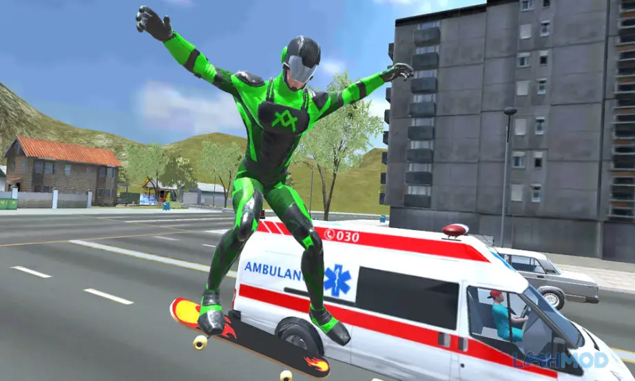 Ảnh 4 của Tải Rope Frog Ninja Hero Mod Apk 1.9.4.1 (Vô Hạn Tiền) cho Android iOs Siêu anh hùng người nhái đang cầm súng trên một con phố trong thành phố