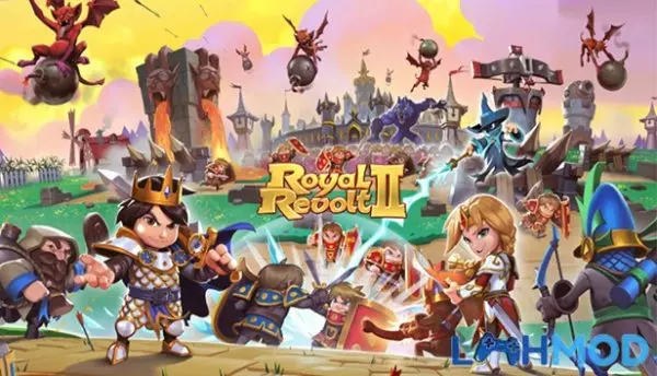 Ảnh 2 của Tải Royal Revolt 2 APK 8.1.0 (Vô hạn tiền/Kim cương) cho Android iOS Giao diện phòng thủ thành trì trong Royal Revolt 2 với các tòa tháp và quân lính