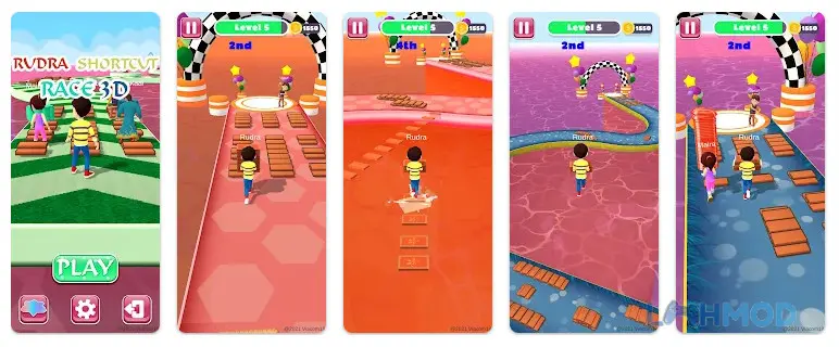 Ảnh 1 của Tải Rudra Shortcut Race 3D Mod Apk 1.0.0 (Vô Hạn Tiền) cho Android iOs Nhân vật đang đua và xây dựng cầu đường tắt trên mặt nước