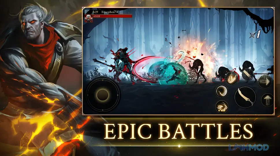 Ảnh 2 của Tải Shadow Of Death 2 Awakening Mod Apk 2.0.6 (Unlocked All, Menu Dev) cho Android iOs Một chiến binh Hiệp sĩ Soul Ninja đang chiến đấu với quái vật