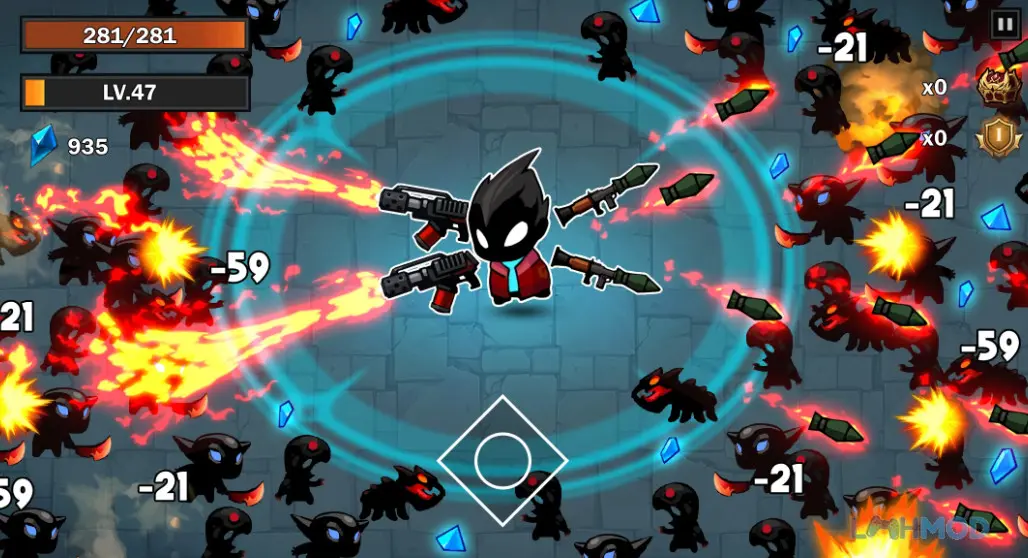 Ảnh 1 của Tải Shadow Survival Shooter Games Mod Apk 1.1.44 (MOD Menu, Tiền, Bất Tử) cho Android iOs Cảnh chiến đấu trong Shadow Survival: Shooter Games với nhân vật chibi đối đầu quái vật