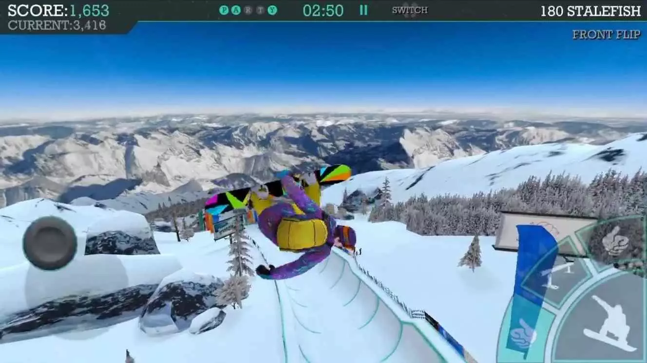 Ảnh 2 của Tải game Snowboard Party: Aspen Mod APK 1.7.1 (Vô Hạn Tiền) Cảnh một người trượt tuyết đang lướt đi trên sườn núi