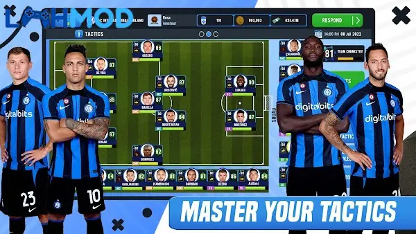 Ảnh 3 của Soccer Manager 2023 MOD APK 3.1.10 (Mega Menu, Unlimited Training) Cảnh trận đấu được mô phỏng với các cầu thủ đang tranh bóng trên sân cỏ