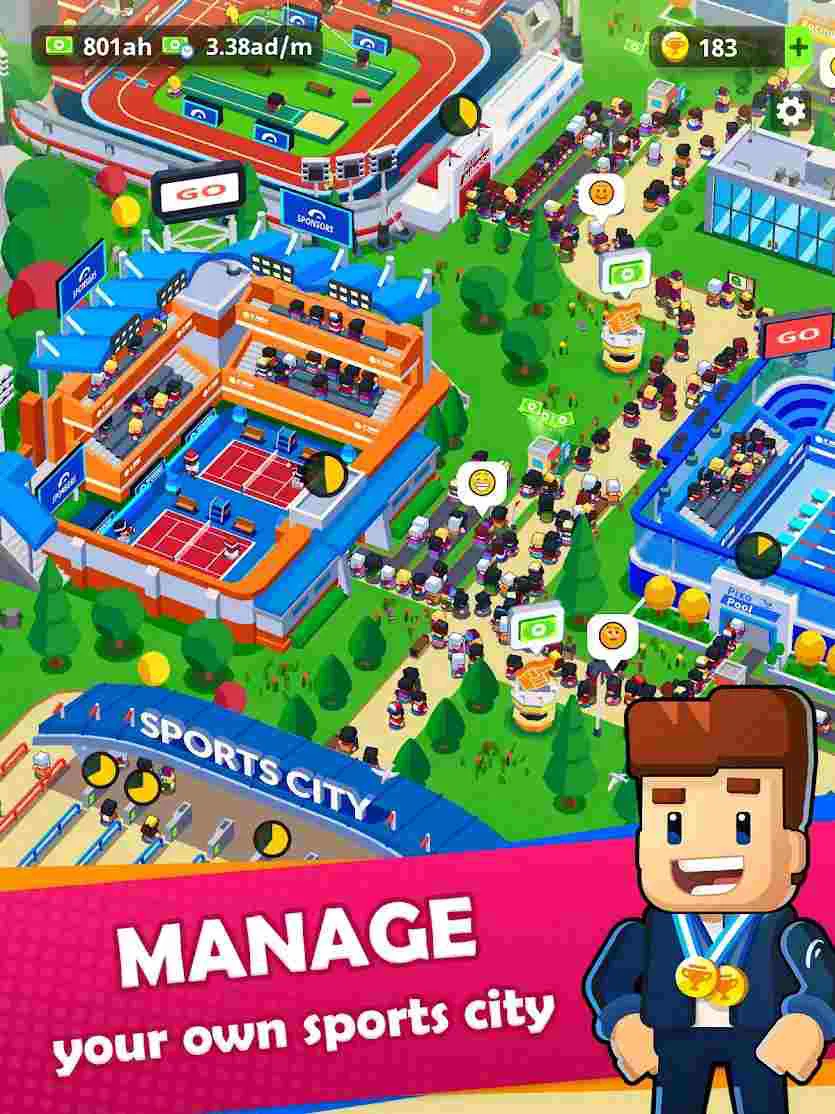 Ảnh 2 của Tải game Sports City Tycoon Mod APK 1.20.4 (Vô Hạn Tiền) Toàn cảnh thành phố thể thao với nhiều khu vực