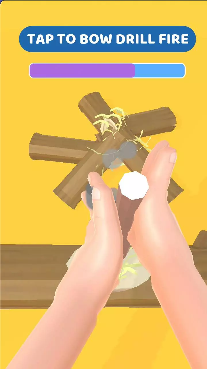 Ảnh 2 của Survival Master 3D Mod APK 1.8.4 (Menu, Vô Hạn Tài Nguyên) Nhân vật đang chà xát củi để tạo lửa trong game Survival Master 3D Mod