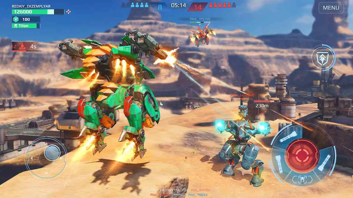 Ảnh 2 của War Robots Mod PvP Multiplayer APK v10.4.1 (Vô hạn đạn, tên lửa) Alt text mô tả cảnh chiến đấu của các robot trong War Robots với hiệu ứng bắn súng
