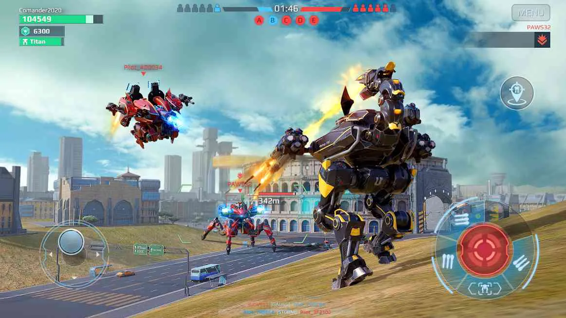 Ảnh 3 của War Robots Mod PvP Multiplayer APK v10.4.1 (Vô hạn đạn, tên lửa) Alt text mô tả màn hình chọn vũ khí cho robot với nhiều loại súng khác nhau