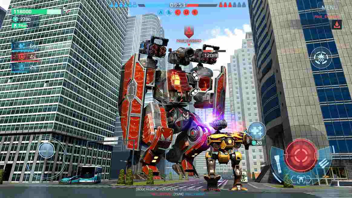 Ảnh 4 của War Robots Mod PvP Multiplayer APK v10.4.1 (Vô hạn đạn, tên lửa) Alt text mô tả nhiều robot chiến đấu đang di chuyển trên một bản đồ lớn với hiệu ứng ánh sáng