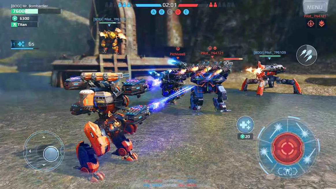 Ảnh 5 của War Robots Mod PvP Multiplayer APK v10.4.1 (Vô hạn đạn, tên lửa) Alt text mô tả một nhóm robot đang chuẩn bị chiến đấu, nhìn từ phía sau