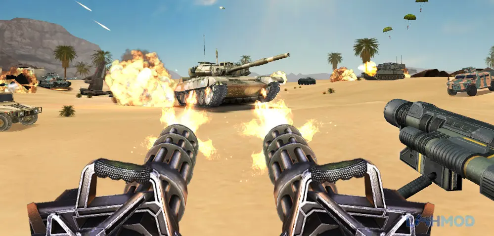 Ảnh 2 của Tải War Zone Apk 0.0.2.5 cho Android iOs Alt text mô tả cảnh chiến đấu với trực thăng và xe tăng trên một hòn đảo