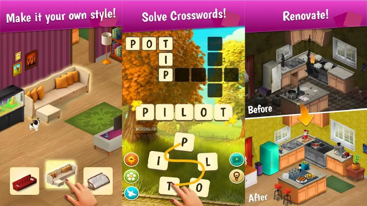 Ảnh 2 của Tải game Wordington Mod APK 1.7.9 (Vô hạn tiền, gợi ý) Giao diện game Wordington Mod với các ô chữ và hình ảnh Emma đứng cạnh biệt thự