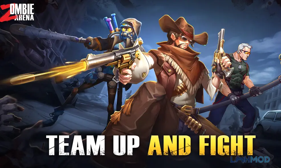 Ảnh 1 của Tải Zombie Arena Mod Apk 1.12.10 (MOD Menu, Tấn Công, Bất Tử) cho Android iOs Đội hình anh hùng chiến đấu chống lại đám zombie