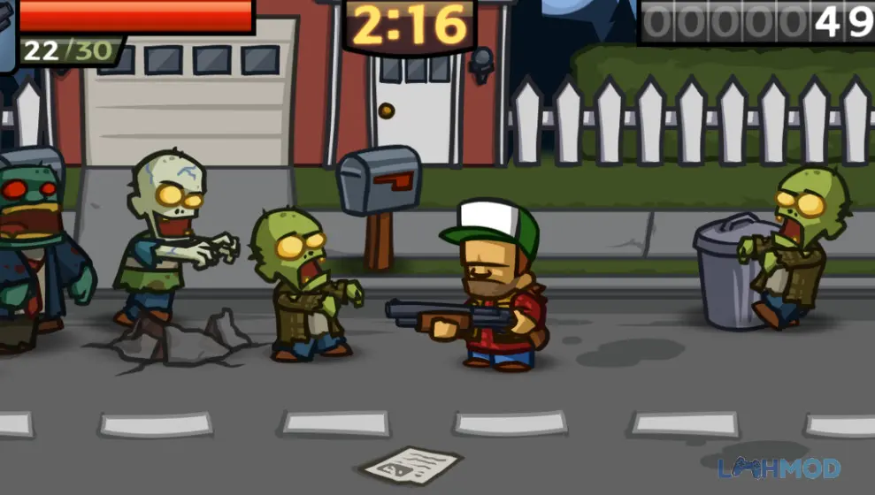 Ảnh 2 của Zombieville USA 2 Mod Apk 1.6.1 (Vô Hạn Tiền) Cận cảnh một chiến binh đang chiến đấu với đàn zombie trong bối cảnh thành phố hoang tàn