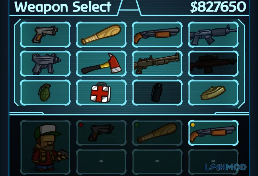 Ảnh 4 của Zombieville USA 2 Mod Apk 1.6.1 (Vô Hạn Tiền) Giao diện chọn vũ khí và nhân vật trong Zombieville USA 2 Mod, hiển thị các tùy chọn nâng cấp