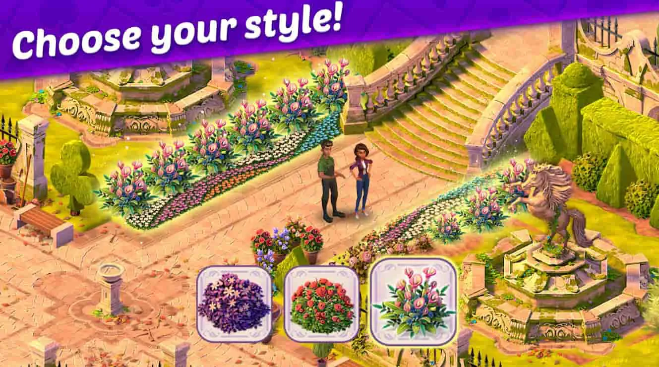 Ảnh 4 của Solitaire Story – Ava’s Manor Mod APK v48.5.1 (Mua sắm miễn phí) Alt text mô tả một khu vườn đang được cải tạo trong game Ava’s Manor