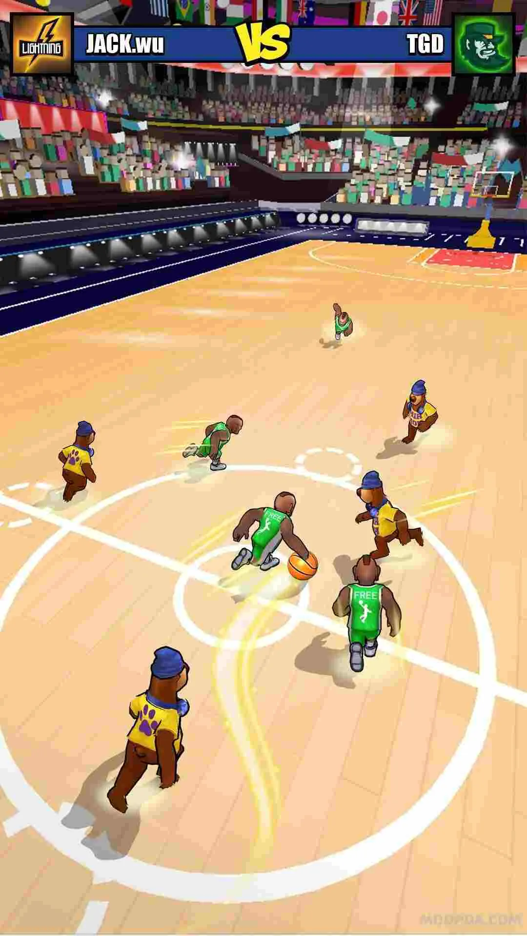 Ảnh 3 của Tải game Basketball Strike Mod APK 3.5 (Vô hạn tiền, bóng miễn phí) Alt text mô tả cảnh hai cầu thủ đang tranh chấp bóng quyết liệt
