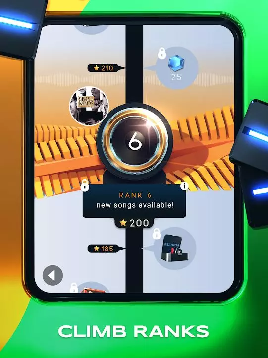 Ảnh 2 của Beatstar Mod APK v36.0.0.8543 (Always Tap Perfect, High Score) Màn hình chơi game Beatstar với các nốt nhạc đang trôi xuống, giao diện sôi động