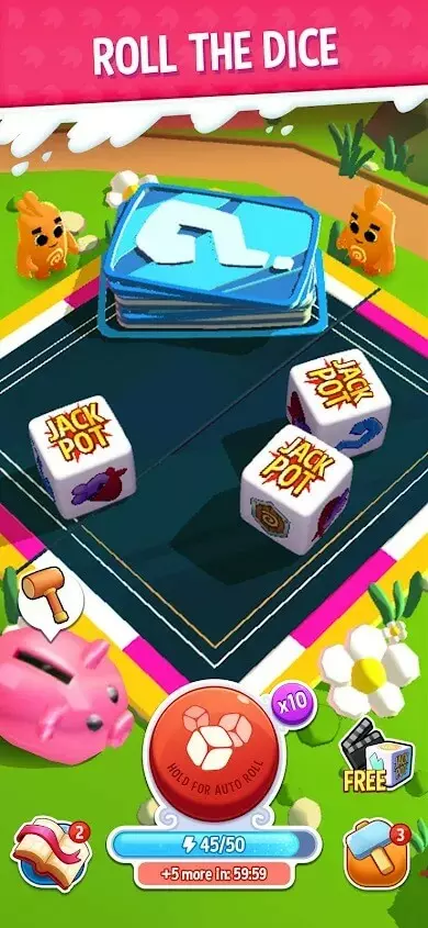 Ảnh 2 của Tải game Dice Dreams Mod APK v1.82.1.21726 (Menu, Vô hạn Rolls, COINS) Nhân vật Bob và các tòa nhà trong Dice Dreams Mod trên nền xanh