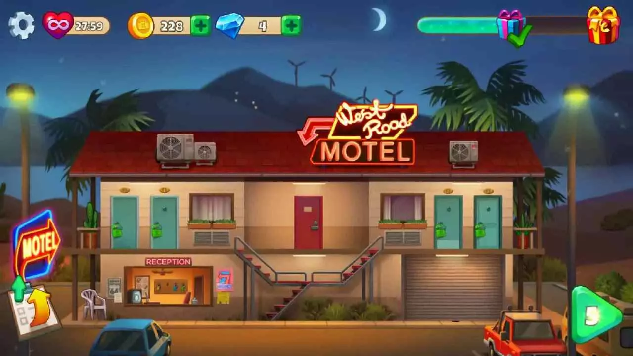 Ảnh 2 của Tải game Doorman Story Mod APK 1.13.1 (Vô hạn tiền, tài nguyên) Giao diện tổng quan khách sạn trong Doorman Story mod